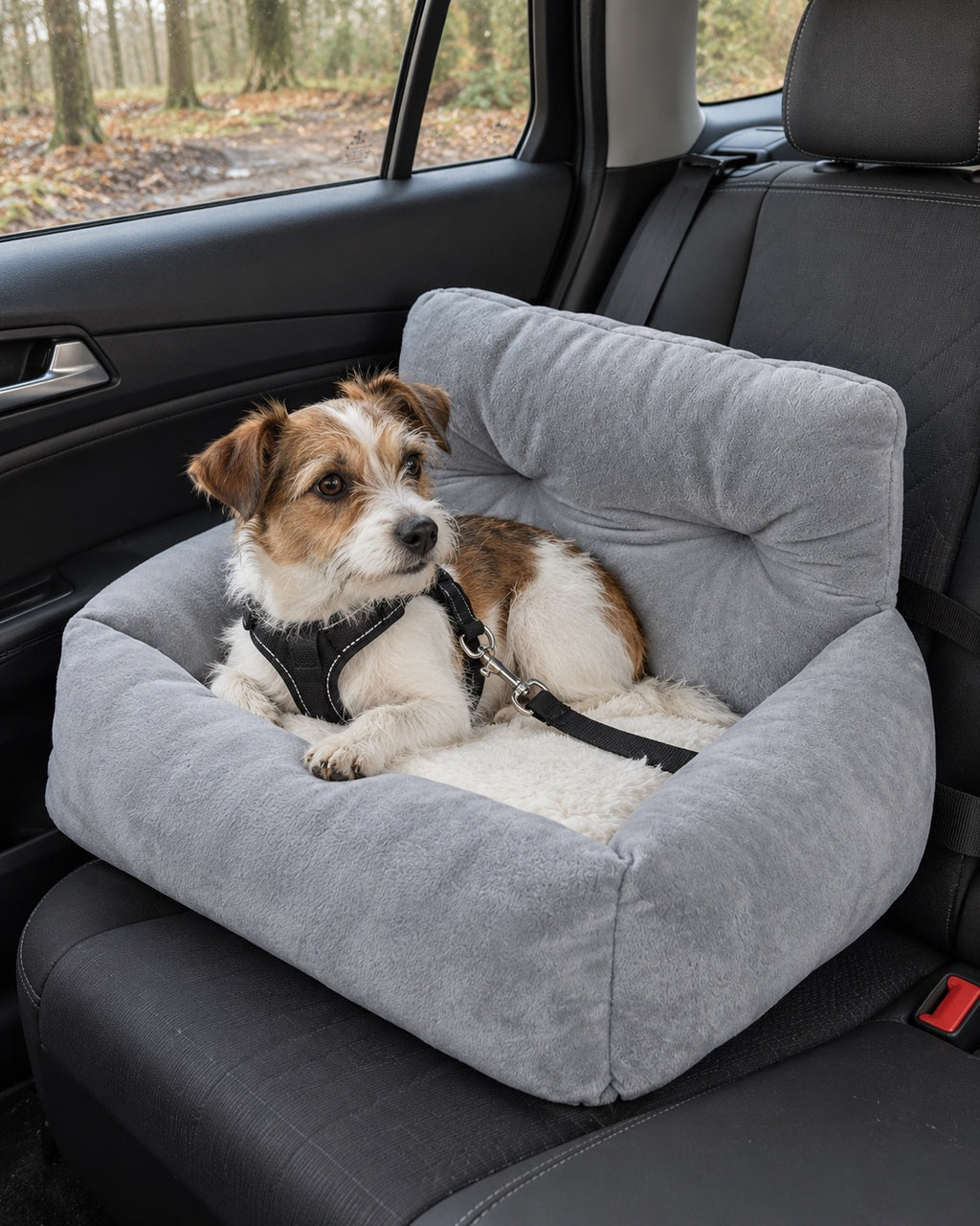 Panier de voiture en peluche pour chien, gris, taille M — echelle