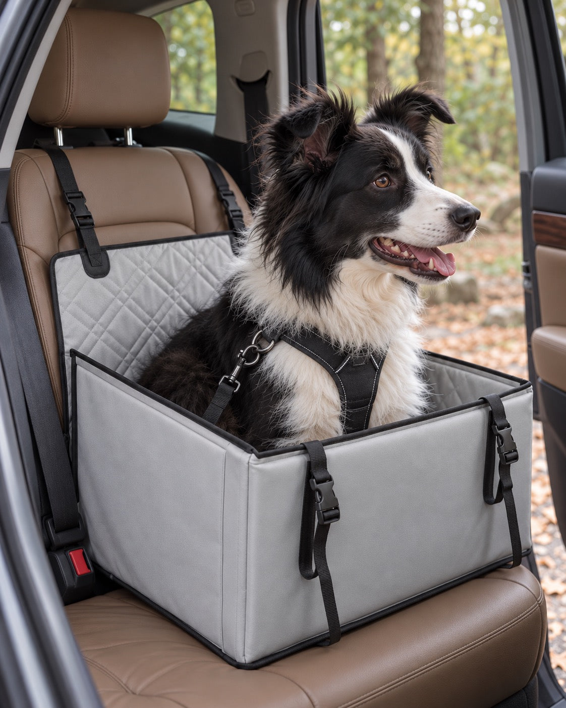 Siège de voiture pour chien avec cadre, Gris — vue rapprochée. Taille présentée : gabarit source.