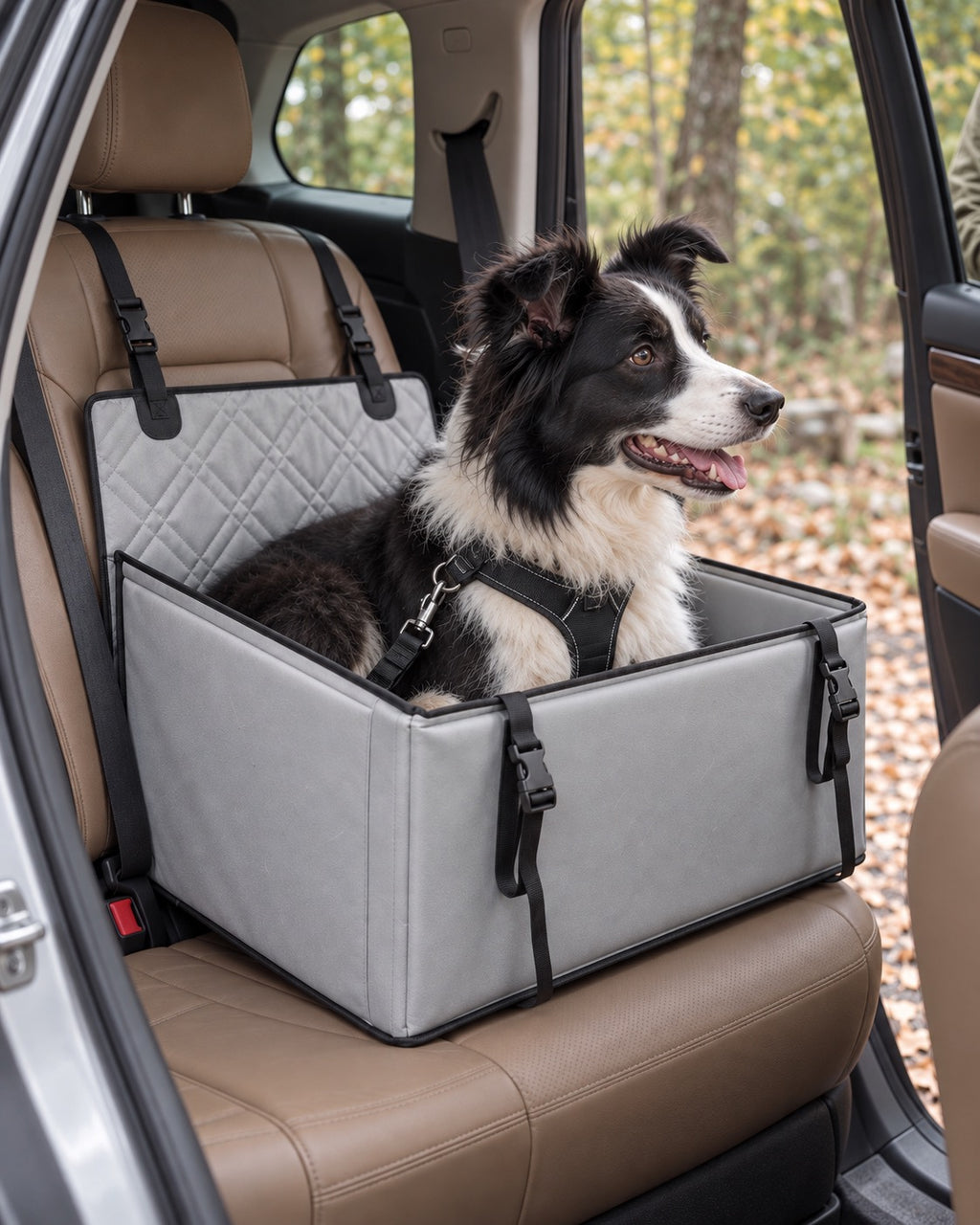 Siège de voiture pour chien avec cadre, Gris — vue d’ensemble. Taille présentée : gabarit source.