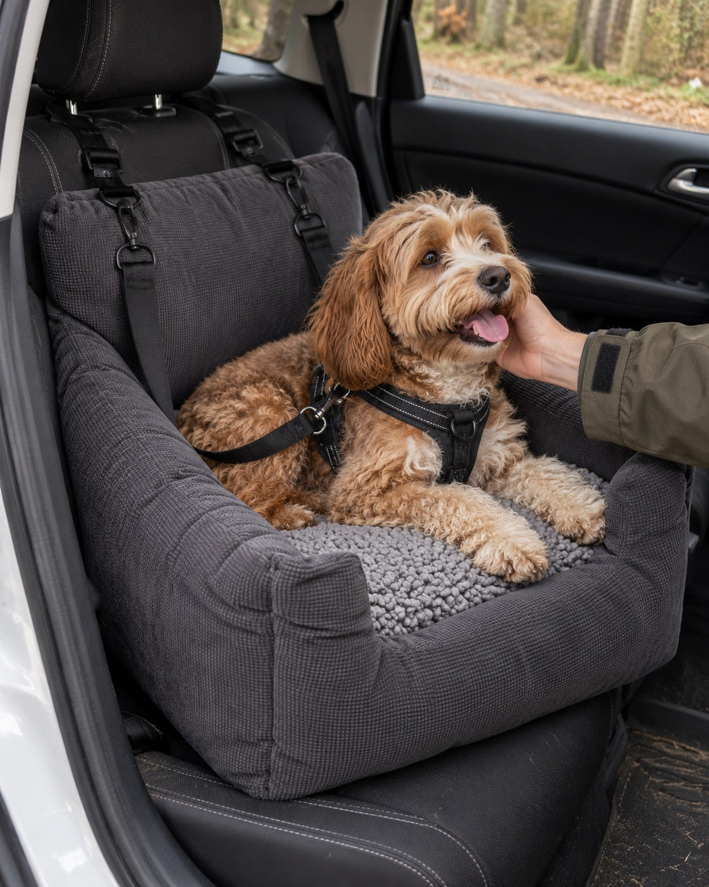 Siège de voiture pour chien — Confort, Gris — moment de vie