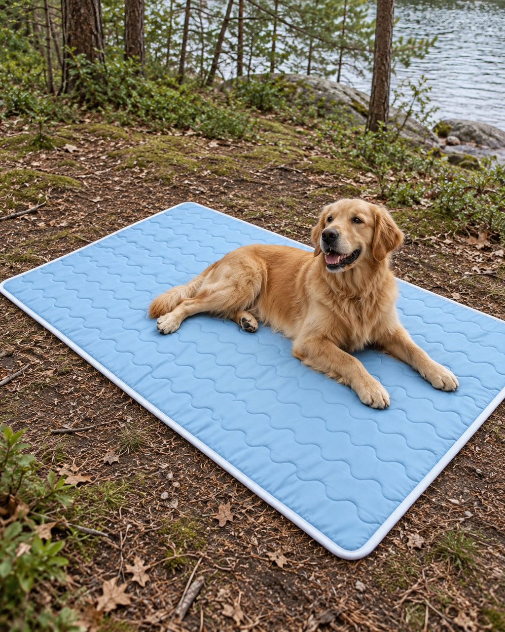 Tapis rafraîchissant pour chien, Bleu clair — vagues 100x150 cm — en situation. Taille présentée : 100 × 150 cm.