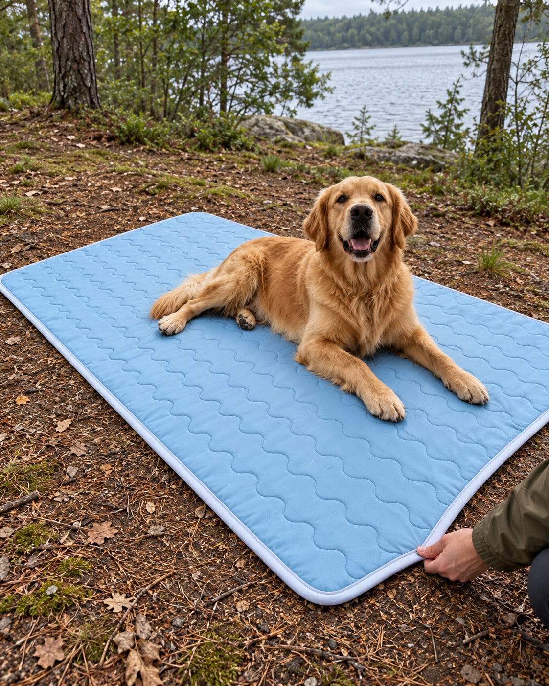 Tapis rafraîchissant pour chien, Bleu clair — vagues 100x150 cm — moment de vie. Taille présentée : 100 × 150 cm.