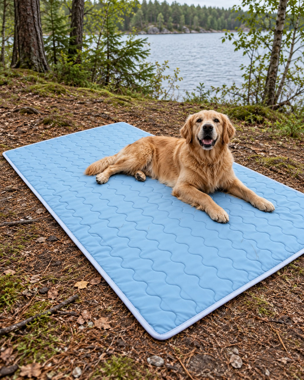 Tapis rafraîchissant pour chien, Bleu clair — vagues 100x150 cm — vue rapprochée. Taille présentée : 100 × 150 cm.