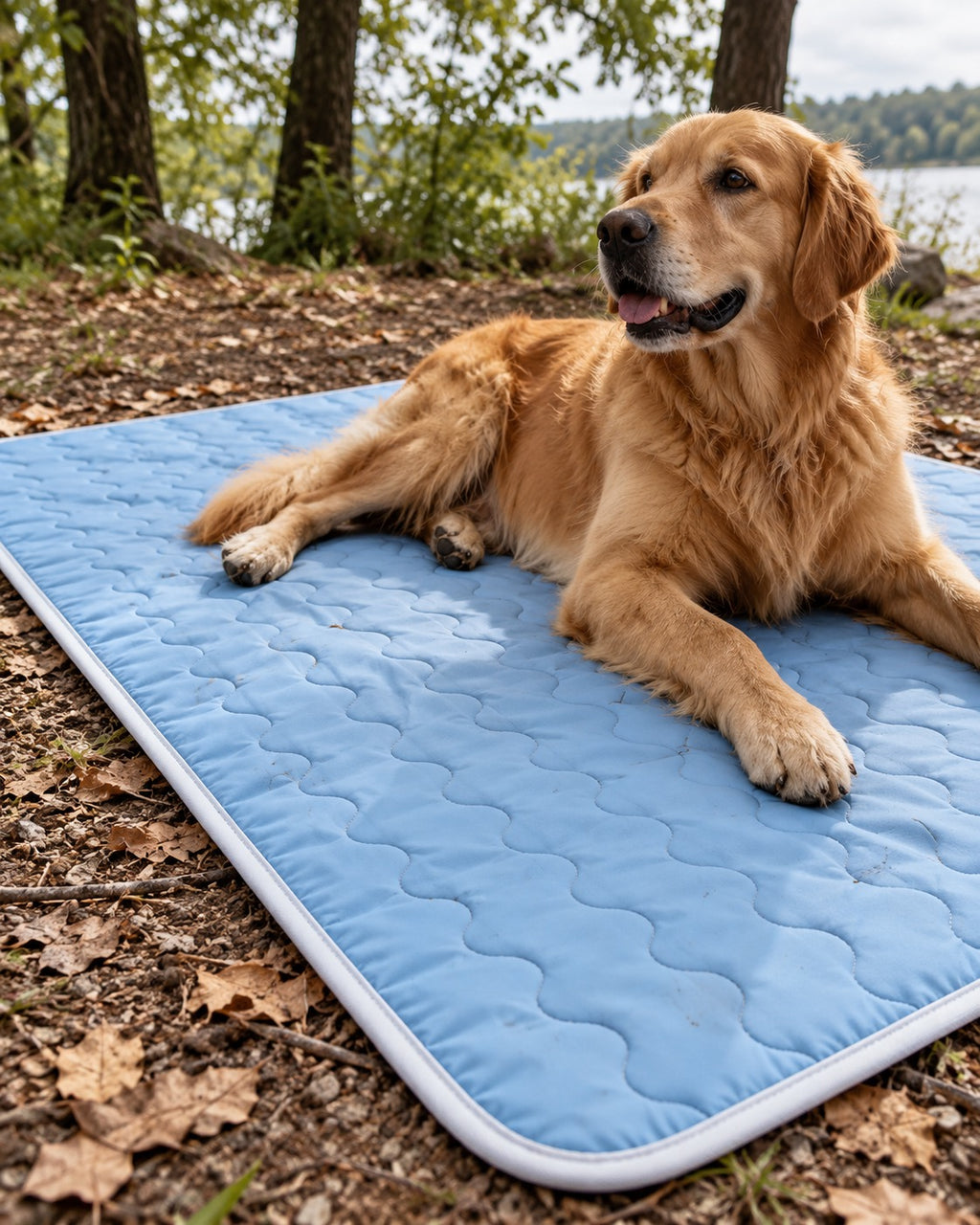 Tapis rafraîchissant pour chien, Bleu clair — vagues 100x150 cm — détails et finitions