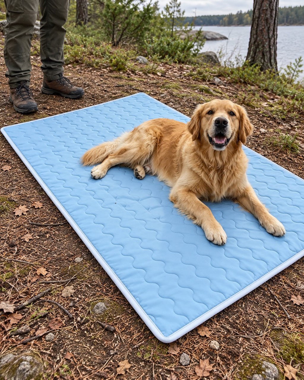 Tapis rafraîchissant pour chien, Bleu clair — vagues 100x150 cm — vue d’ensemble. Taille présentée : 100 × 150 cm.