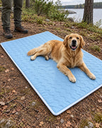 Tapis rafraîchissant pour chien, Bleu clair — vagues 100x150 cm — vue d’ensemble. Taille présentée : 100 × 150 cm.