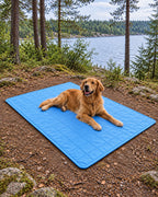 Tapis rafraîchissant pour chien, Bleu — carreaux 100x150 cm — en situation. Taille présentée : 100 × 150 cm.