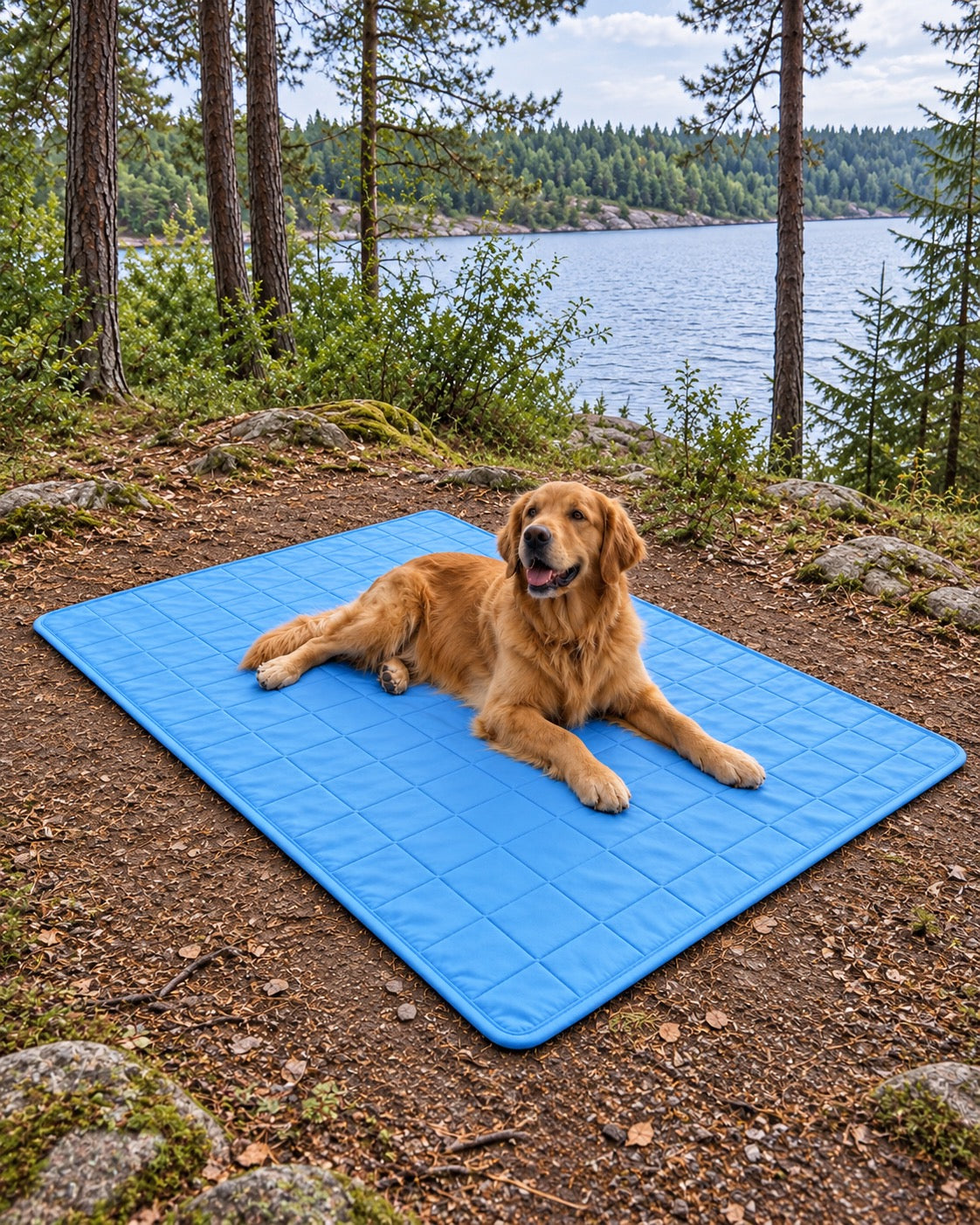 Tapis rafraîchissant pour chien, Bleu — carreaux 100x150 cm — en situation. Taille présentée : 100 × 150 cm.