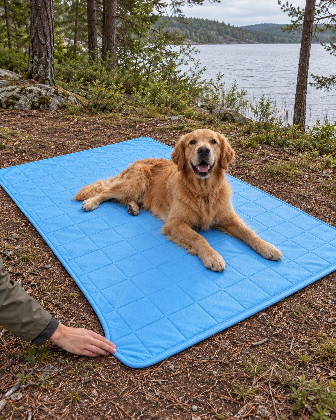 Tapis rafraîchissant pour chien, Bleu — carreaux 100x150 cm — moment de vie. Taille présentée : 100 × 150 cm.
