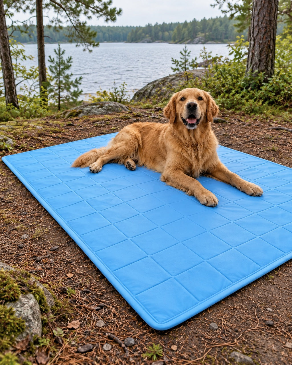 Tapis rafraîchissant pour chien, Bleu — carreaux 100x150 cm — vue rapprochée. Taille présentée : 100 × 150 cm.