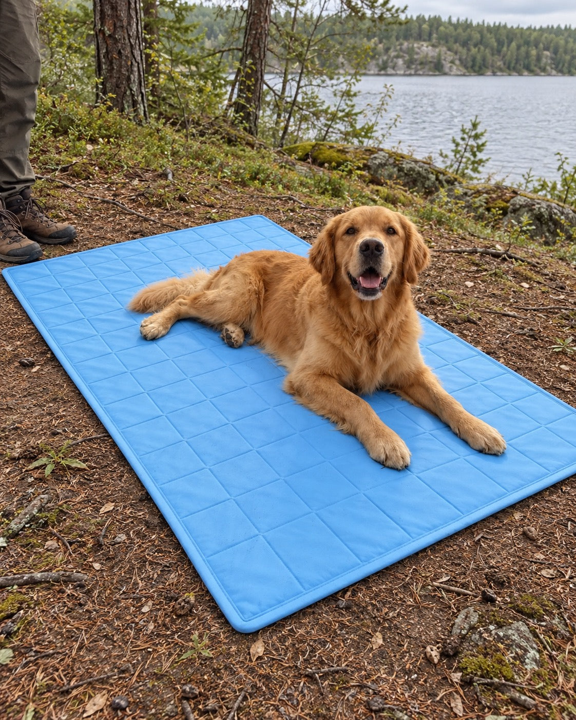 Tapis rafraîchissant pour chien, Bleu — carreaux 100x150 cm — vue d’ensemble. Taille présentée : 100 × 150 cm.