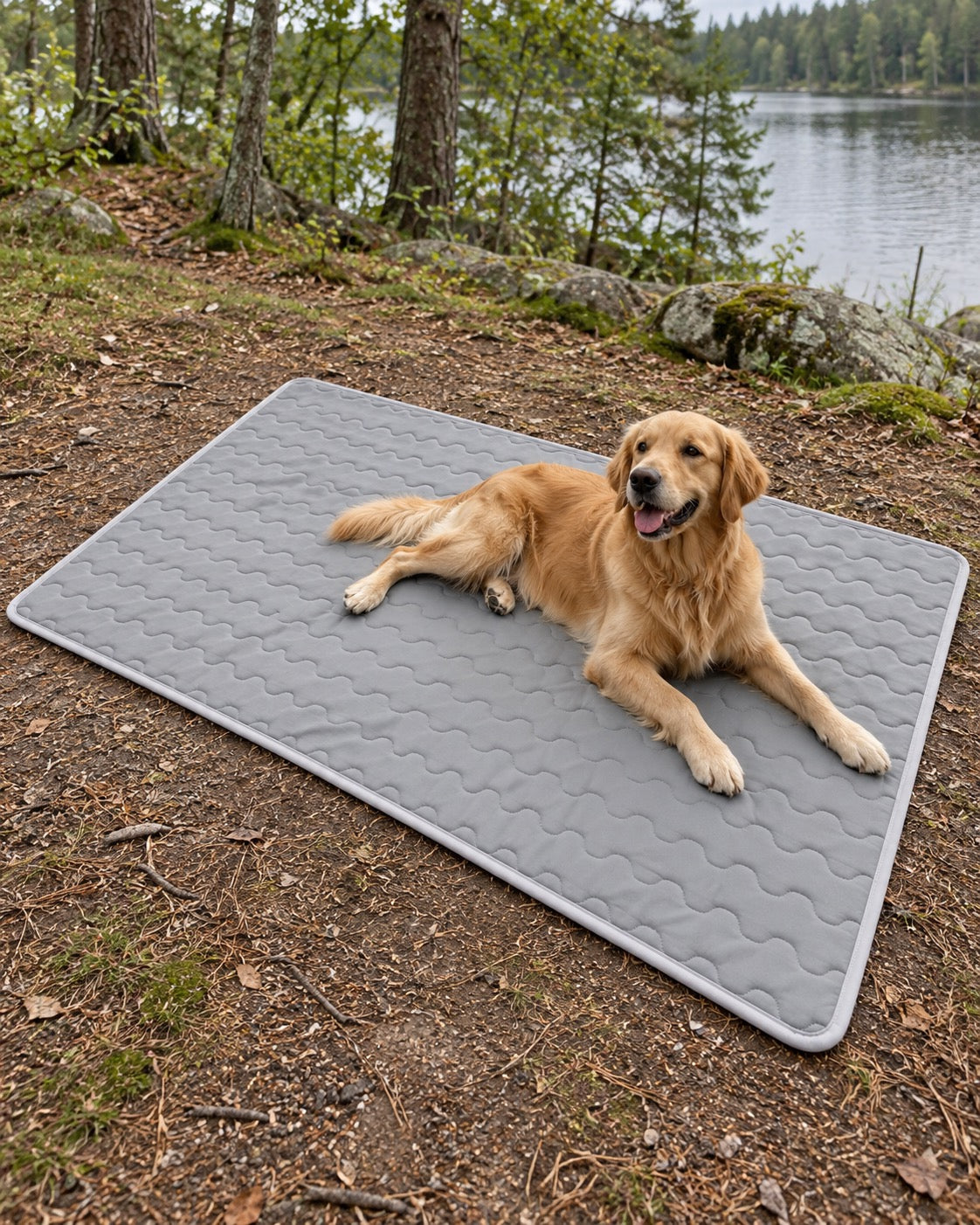Tapis rafraîchissant pour chien, Gris — vagues 100x150 cm — en situation. Taille présentée : 100 × 150 cm.