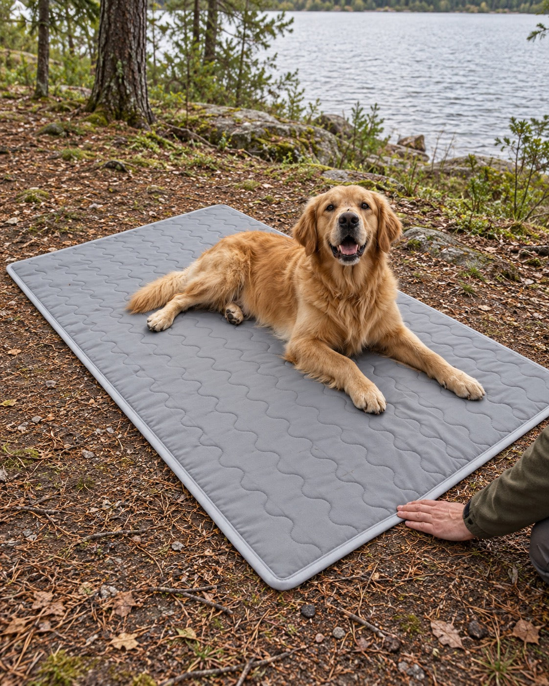 Tapis rafraîchissant pour chien, Gris — vagues 100x150 cm — moment de vie. Taille présentée : 100 × 150 cm.