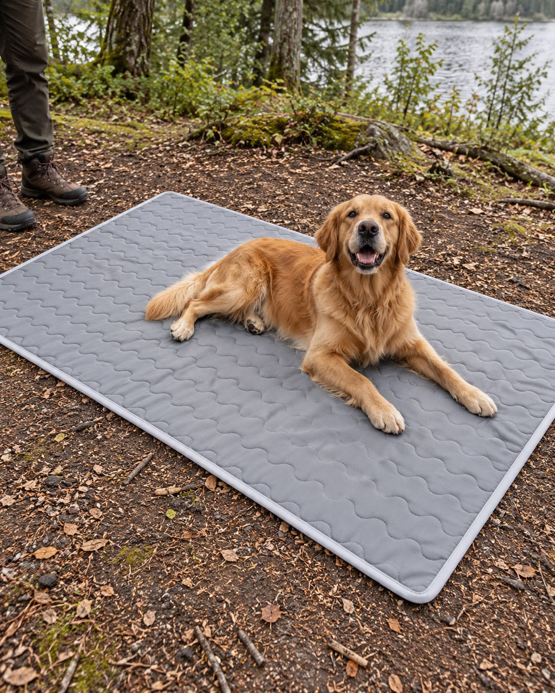 Tapis rafraîchissant pour chien, Gris — vagues 100x150 cm — vue d’ensemble. Taille présentée : 100 × 150 cm.
