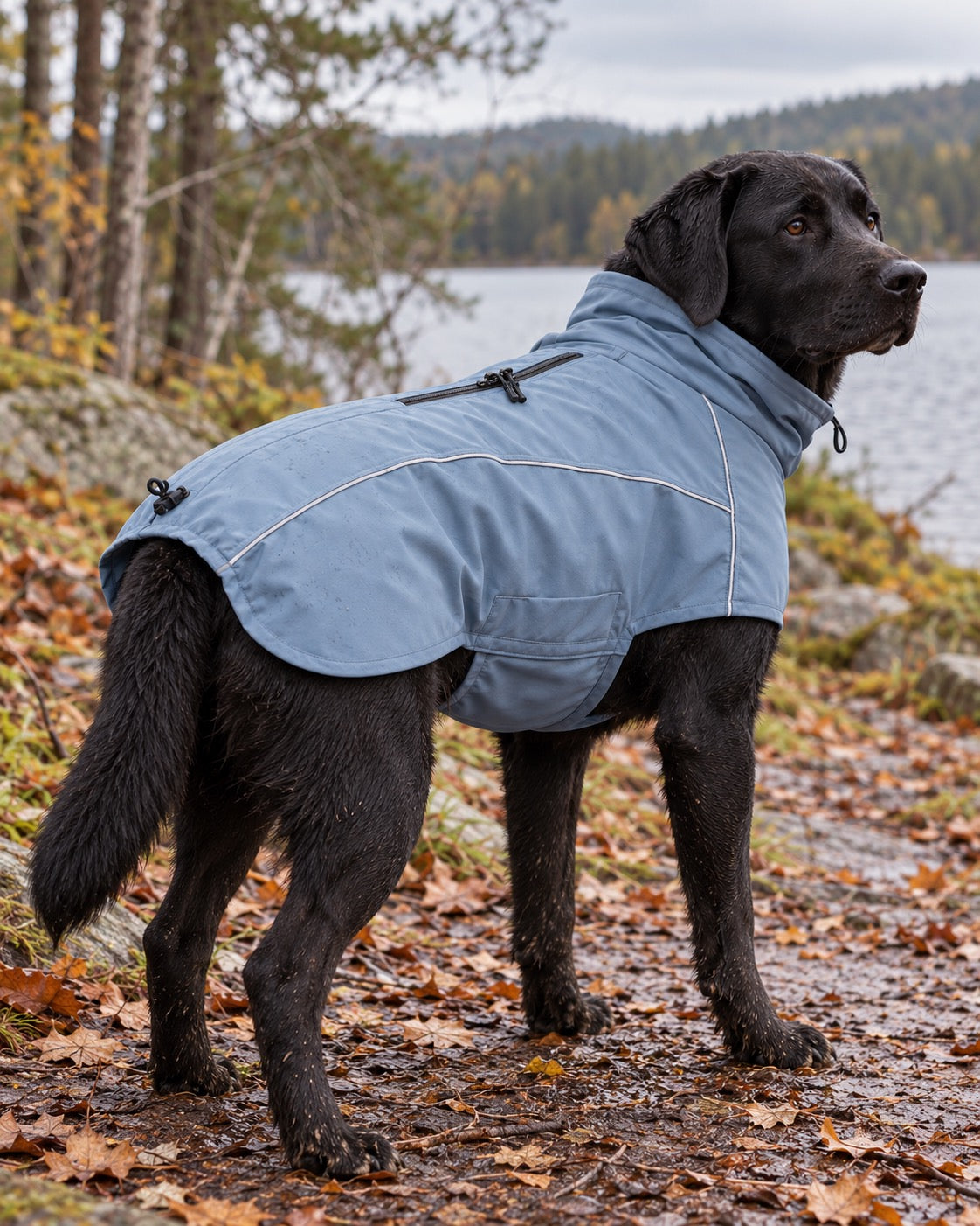 Veste softshell déperlante pour grand chien, Bleu — en situation. Taille présentée : 3XL.