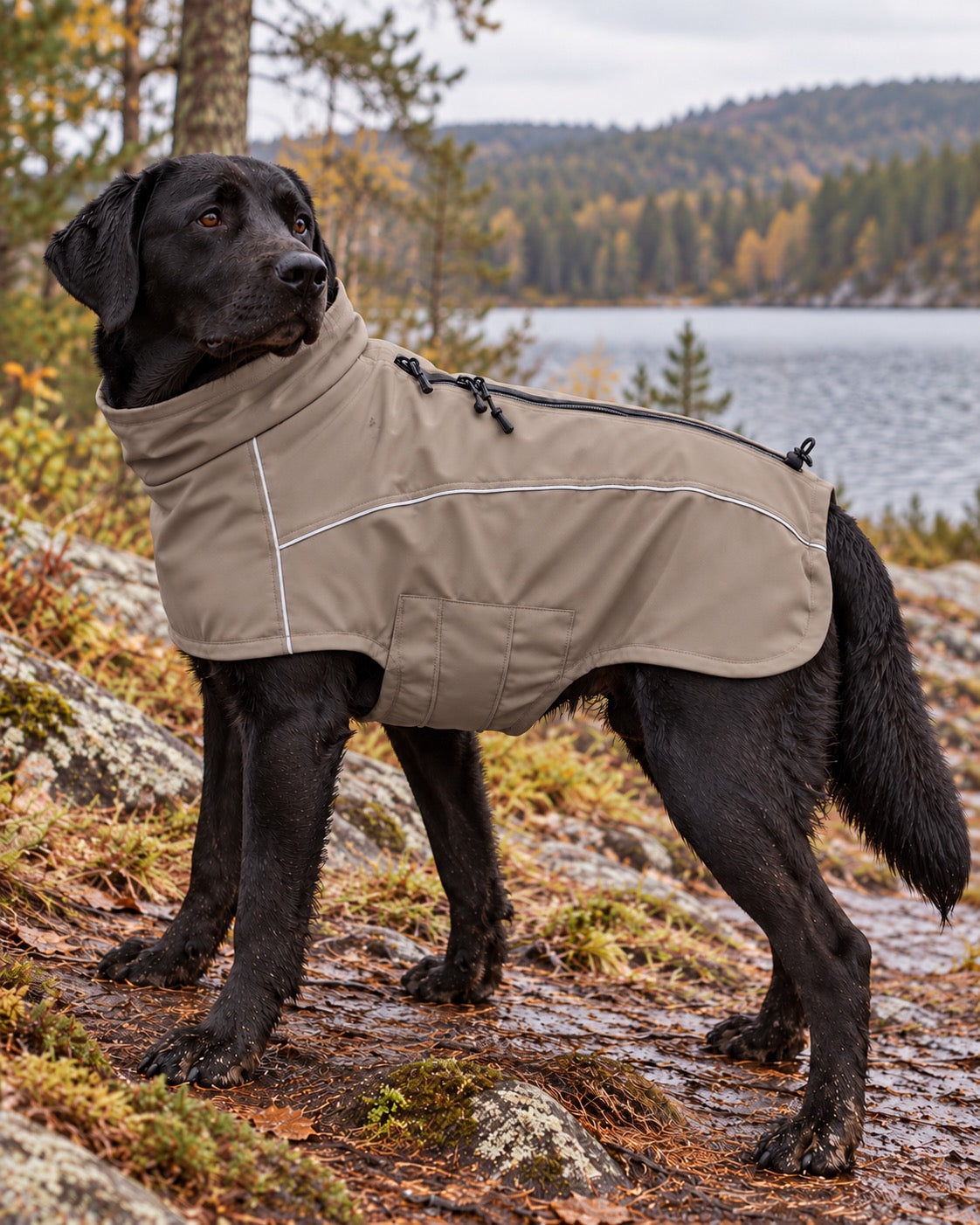 Veste softshell déperlante pour grand chien, Kaki — en situation. Taille présentée : 3XL.