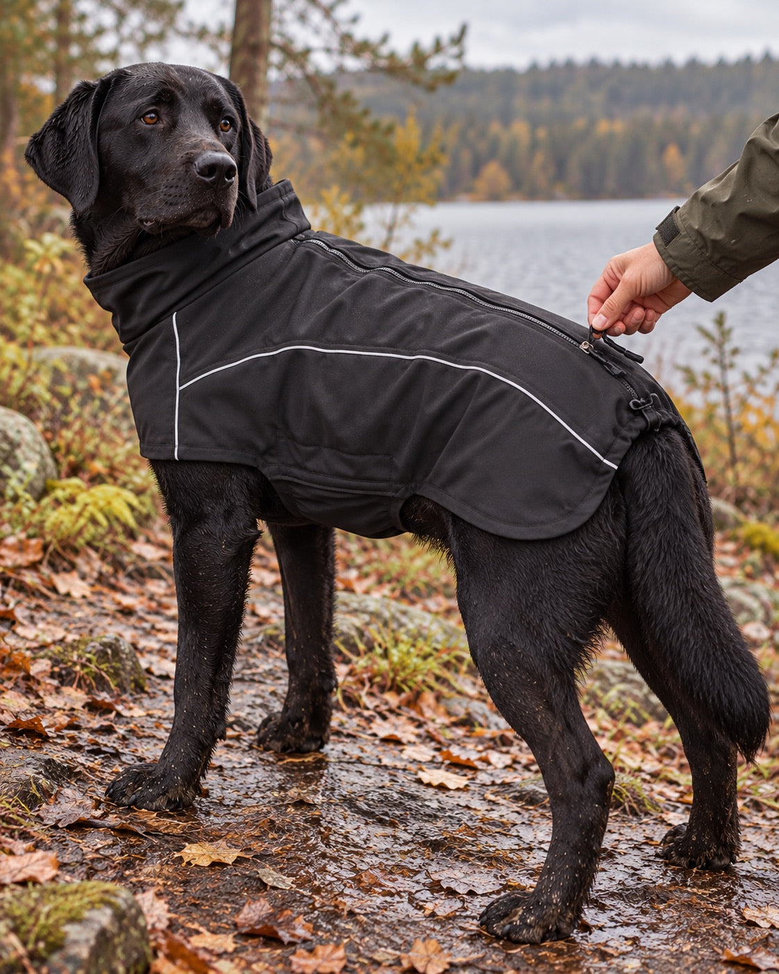Veste softshell déperlante pour grand chien, Noir — moment de vie. Taille présentée : 3XL.