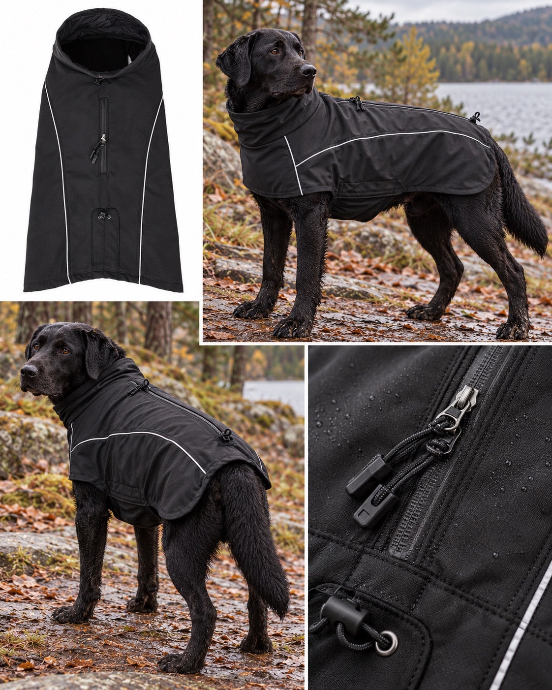 Veste softshell déperlante pour grand chien, Noir — détails et finitions. Taille présentée : 3XL.