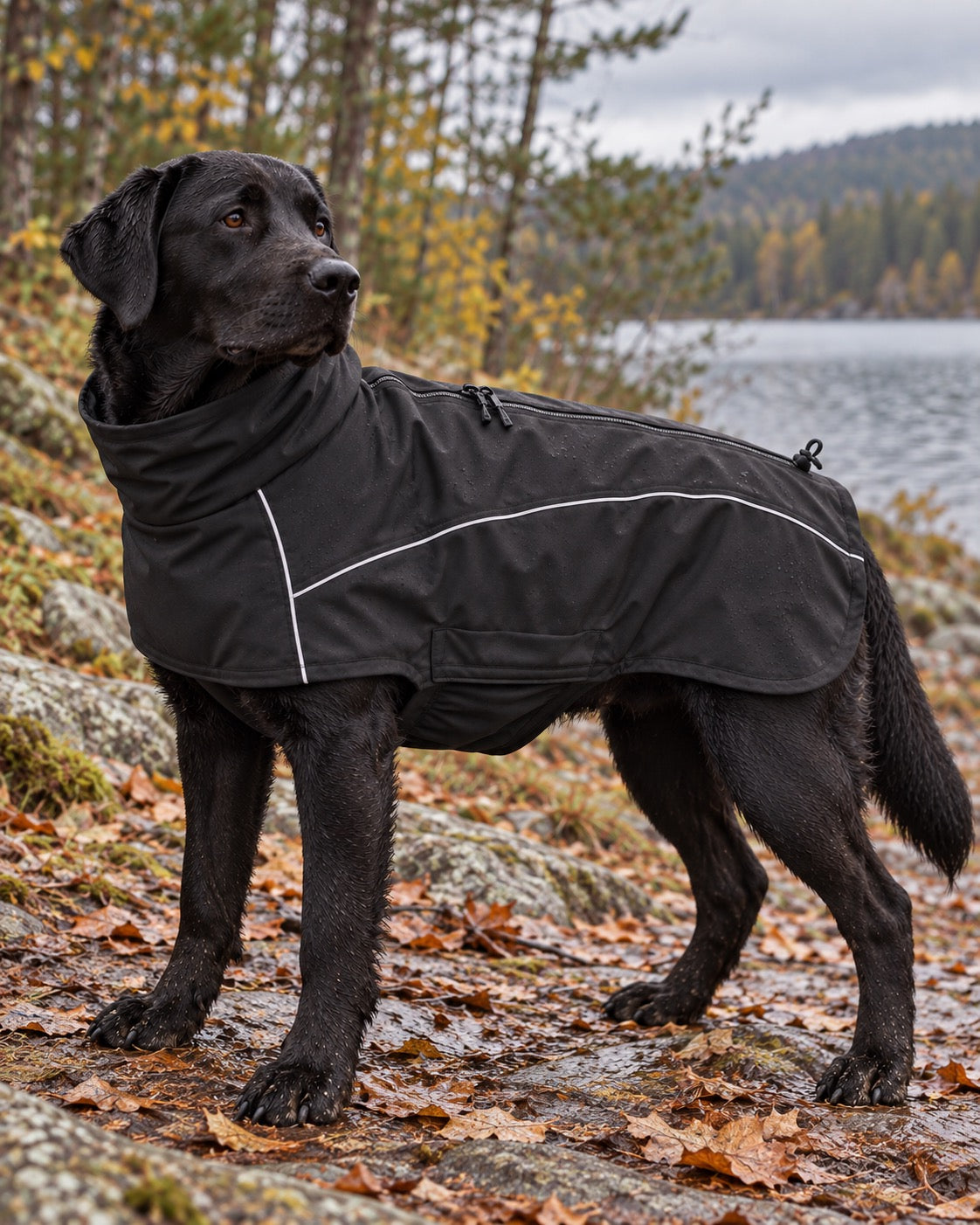 Veste softshell déperlante pour grand chien, Noir — vue d’ensemble. Taille présentée : 3XL.