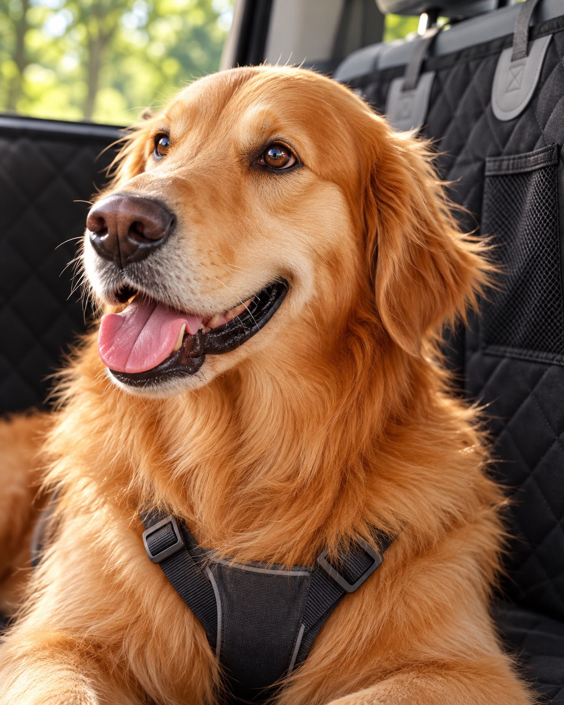 Portrait d’un Golden Retriever devant la paroi matelassée de la housse noire.