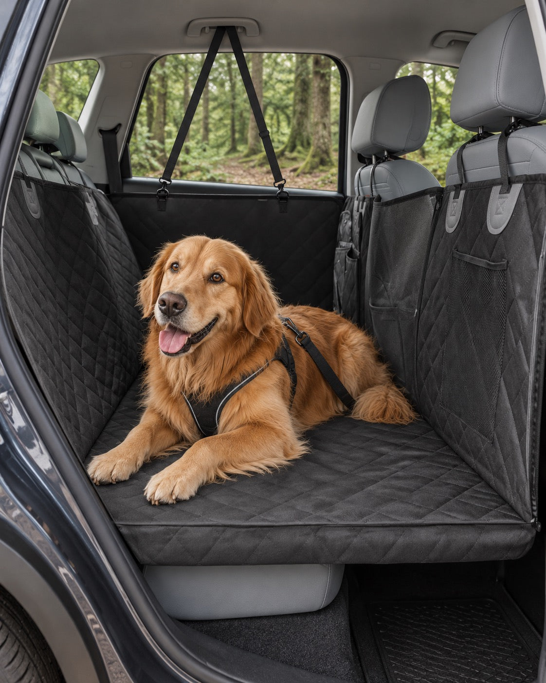 Golden Retriever couché sur la housse noire à l’arrière d’une voiture.